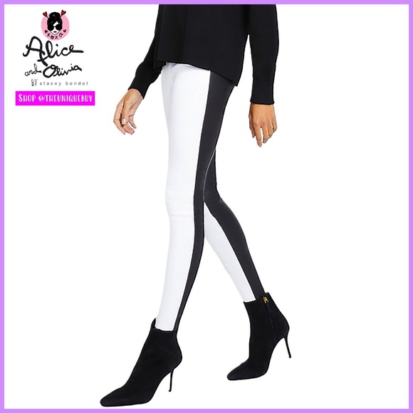Alice + Olivia Pants - Alice + Olivia Maddox Black White Lamb Leather ColorBlock Legging Pant